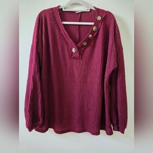 Elegant Burgundy V-Neck Sweater with Button Details